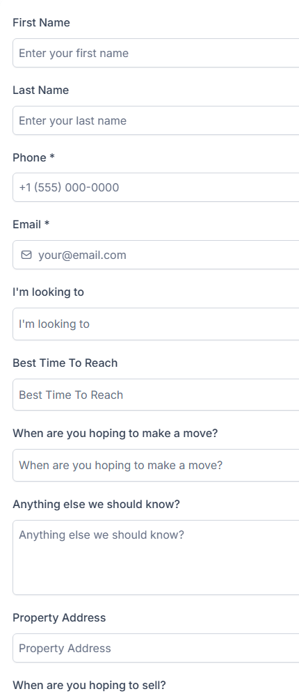 The buyer and seller intake form on a phone, asking timeline, price range, pre approval status and areas.