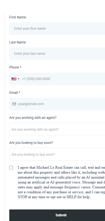 The open house check in form on a phone, asking for name, phone, email and whether the visitor is working with an agent.