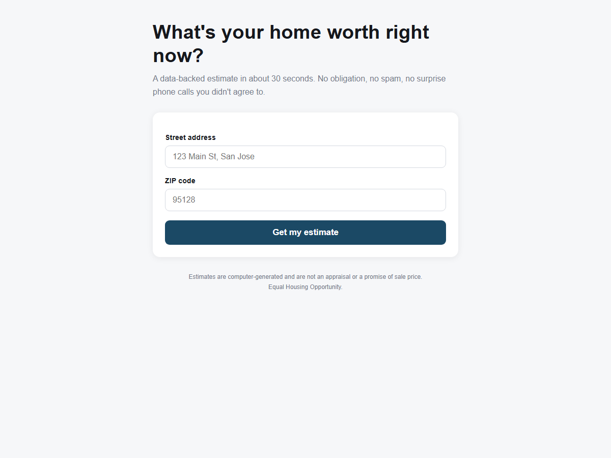 The home valuation page: a heading reading What is your home worth right now, a street address field, a ZIP code field and a Get my estimate button.